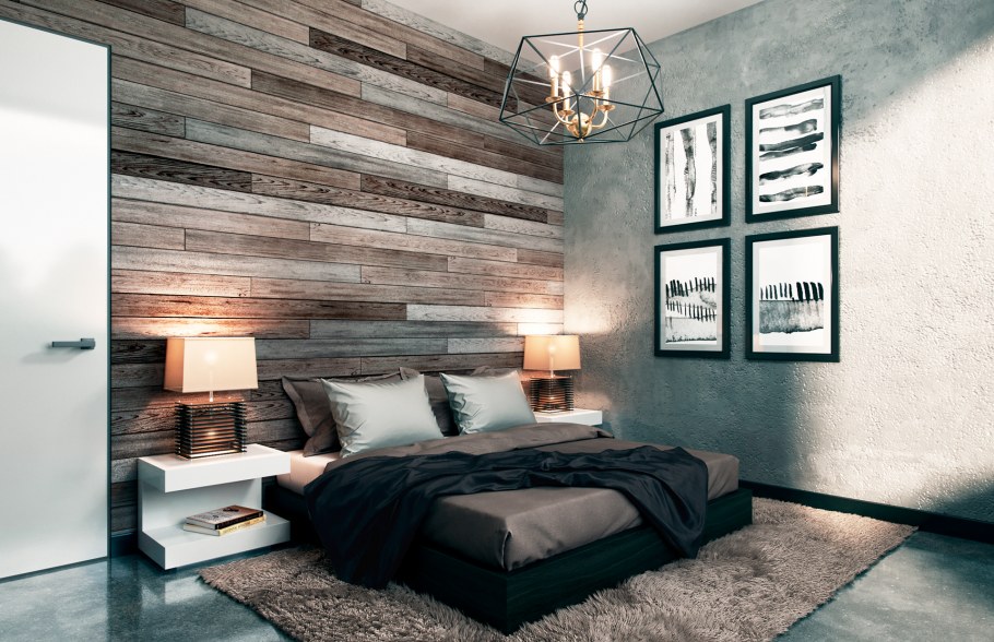 Спальня с ламинатом на стене в стиле лофт