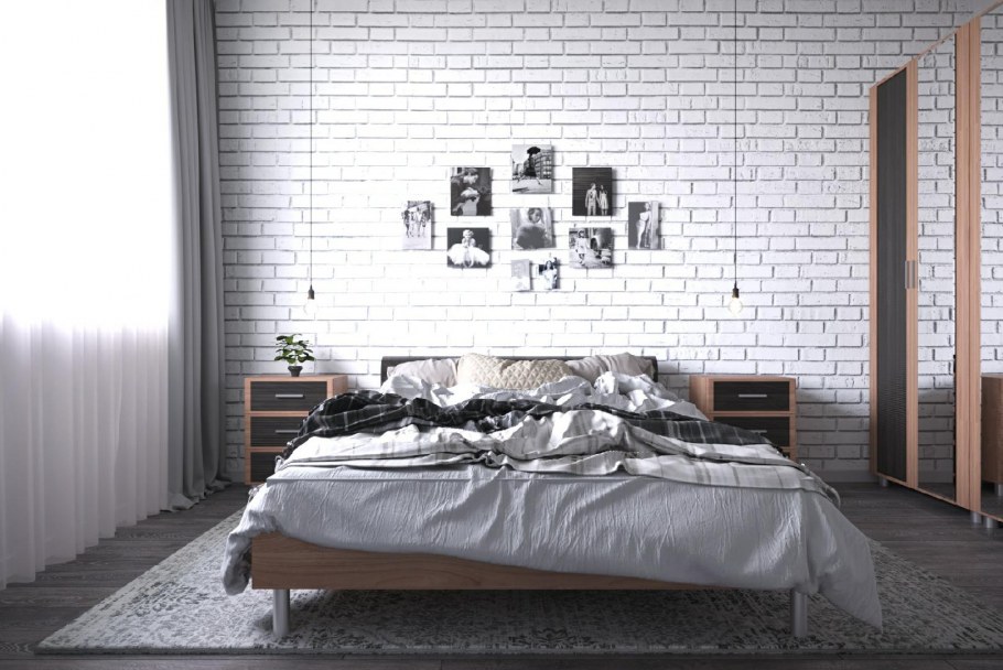 Кирпич в интерьере спальни