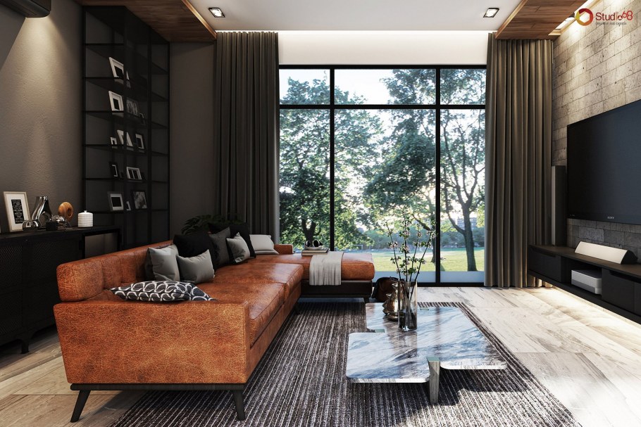 Гостиная в стиле лофт в доме с большим окном