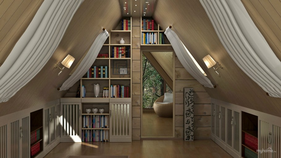 Книжные стеллажи в мансарде