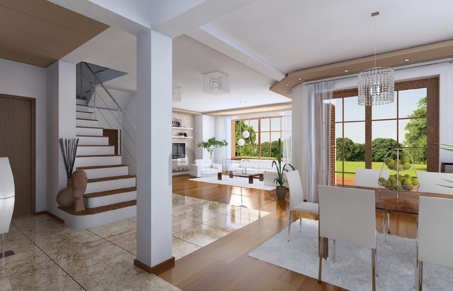 Лестница посреди гостиной