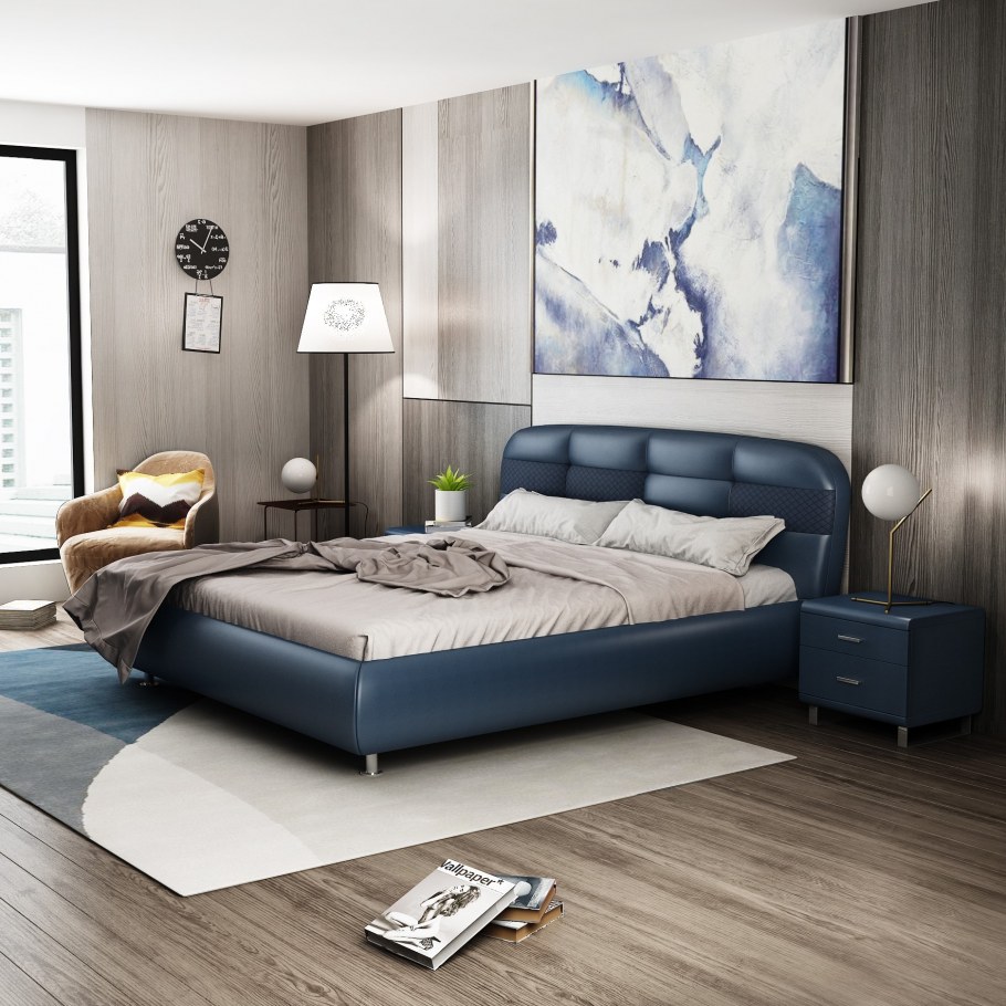 Синяя кожаная кровать