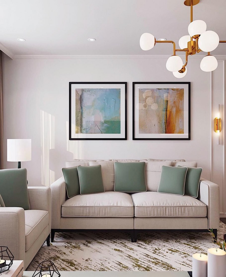 Бежевый диван в интерьере гостиной