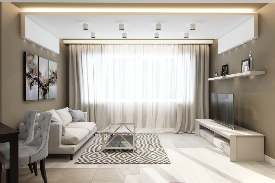 Интерьер гостиной в прямоугольной форме в современном стиле