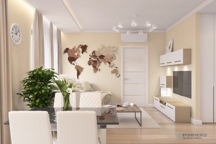 Кухня гостиная в бело бежевых тонах