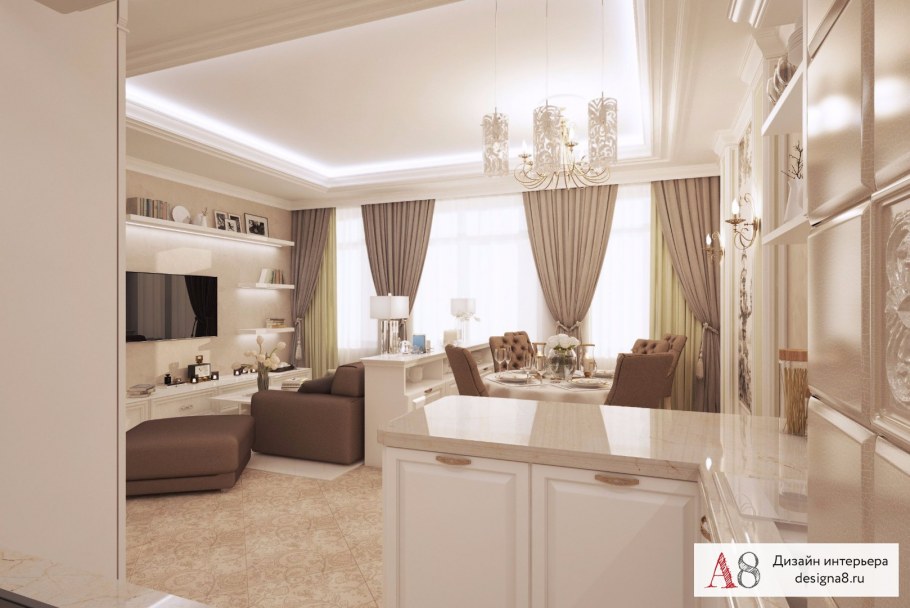 Неоклассика кухня гостиная 20 м