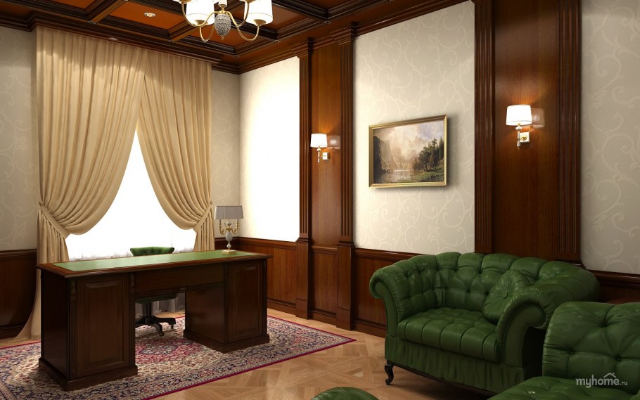 Кабинет с зелеными стенами