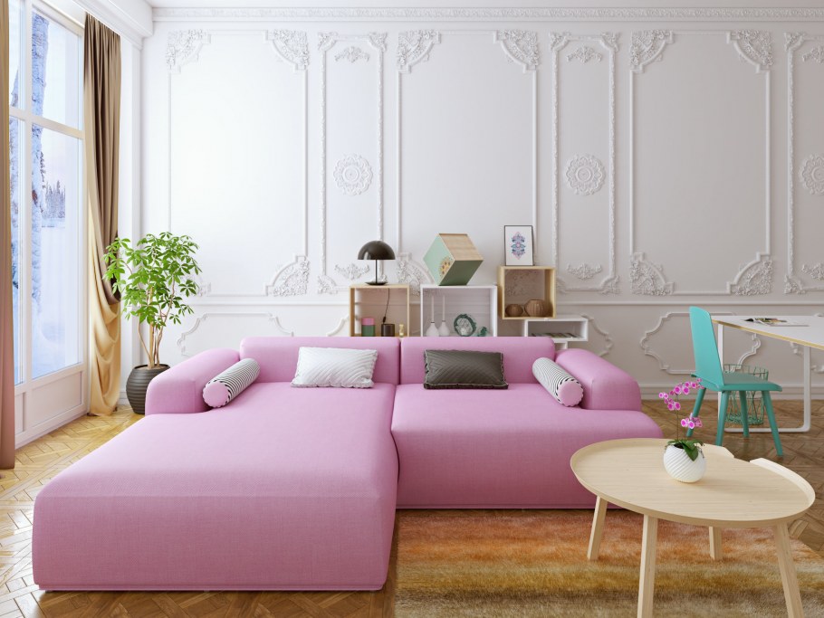 Комната с обоями перья розовые фото