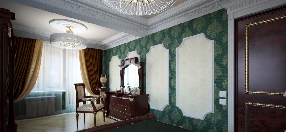 Поклеены обои с молдингами