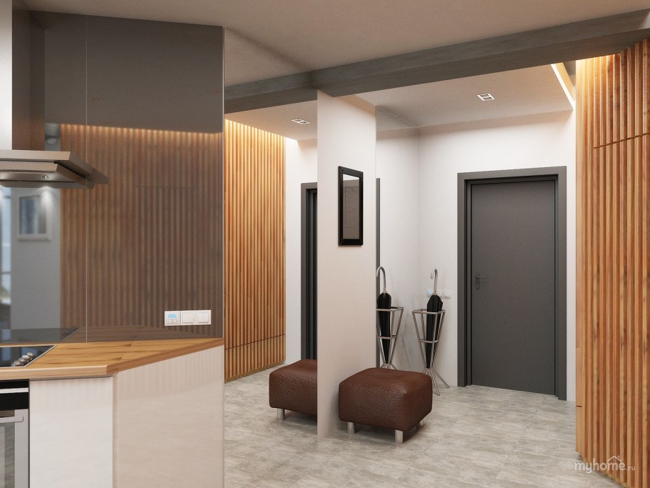 Гостиная с прихожей и кухней в современном стиле