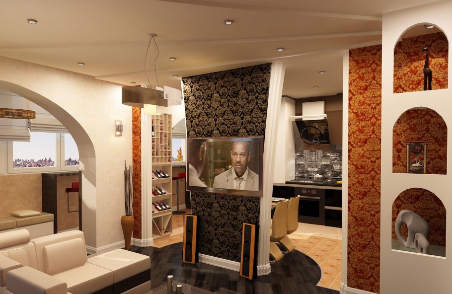 Гостиная совмещенная с кухней с перегородкой