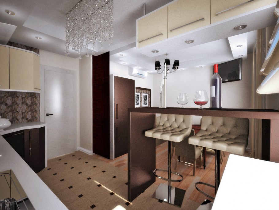 Узкая кухня совмещенная с гостиной