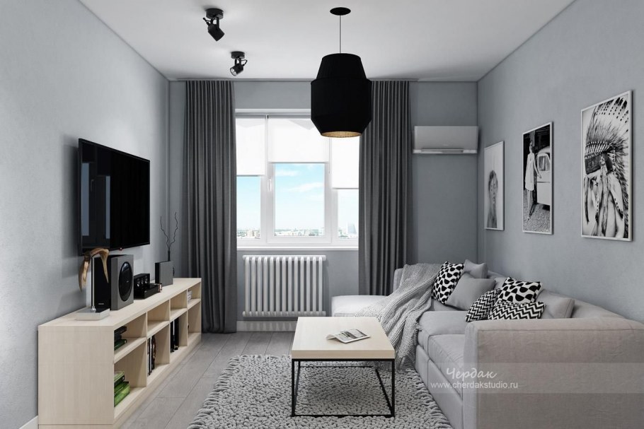 Интерьер зала хрущевка в светло серых тонах