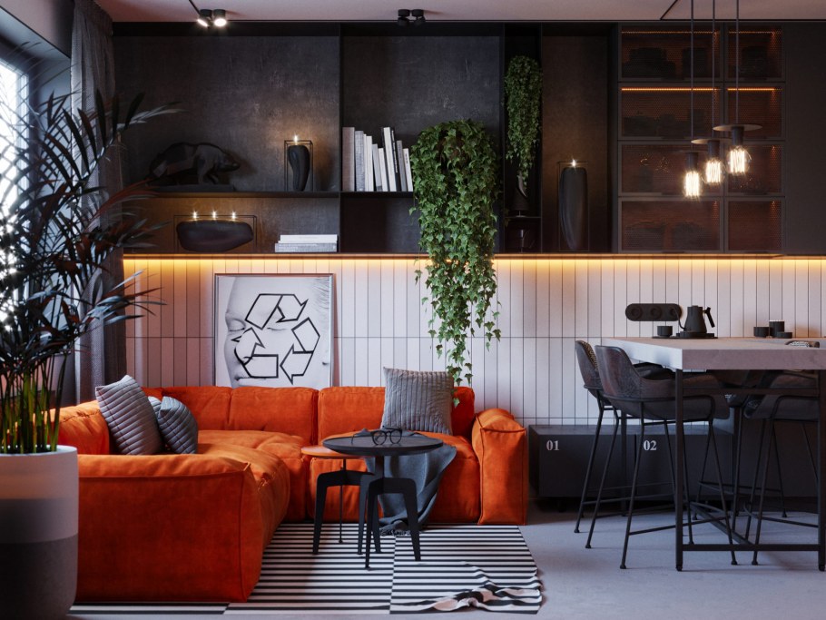 Терракотовый диван в интерьере