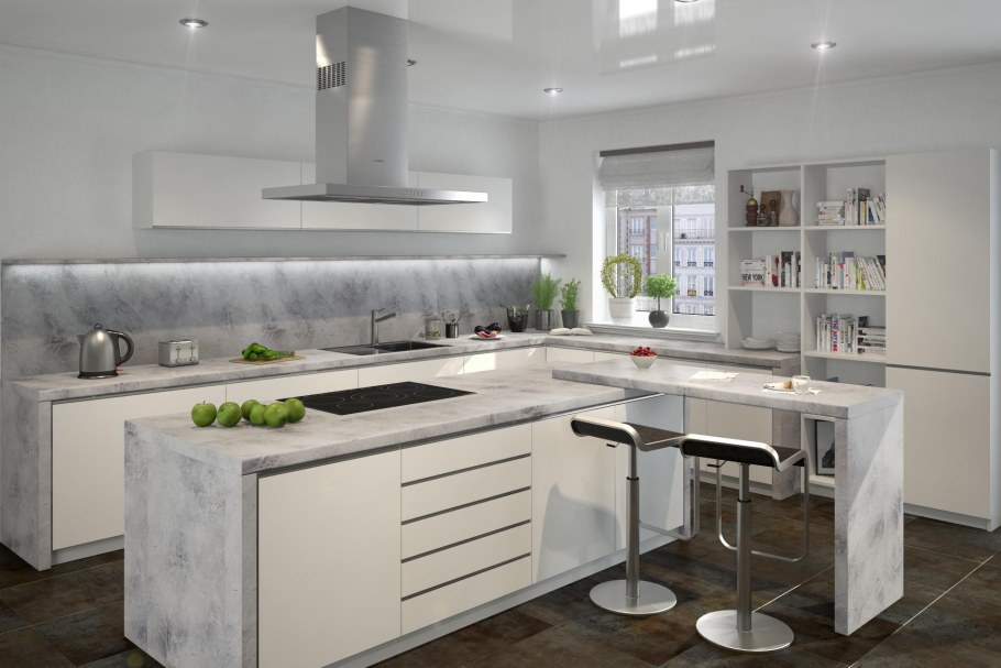 Серая кухня с белой столешницей