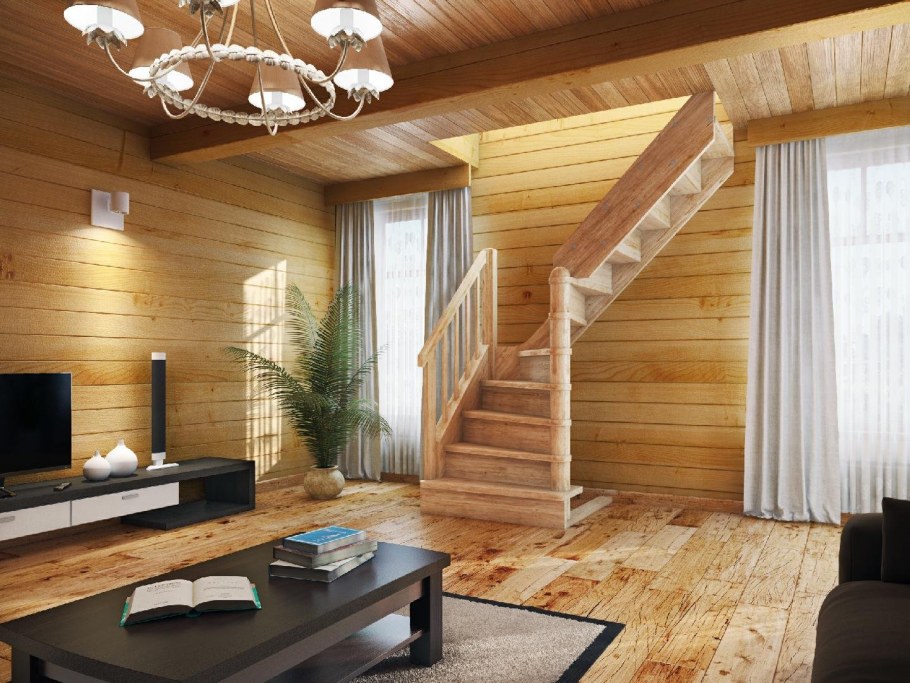 Гостиная с деревянной лестницей