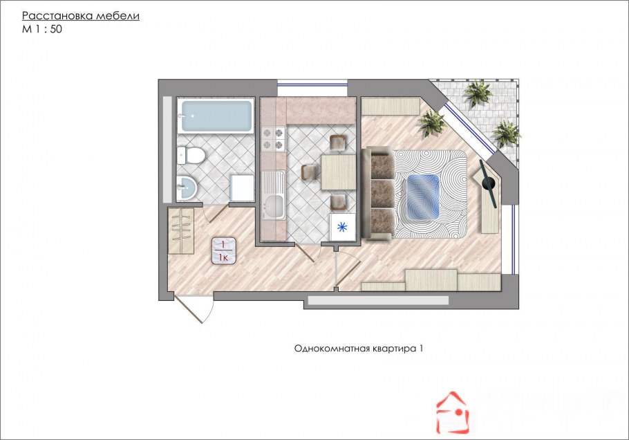 Удачное расположение мебели в однокомнатной квартире