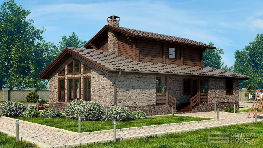 Одноэтажный дом в стиле Шале из кирпича