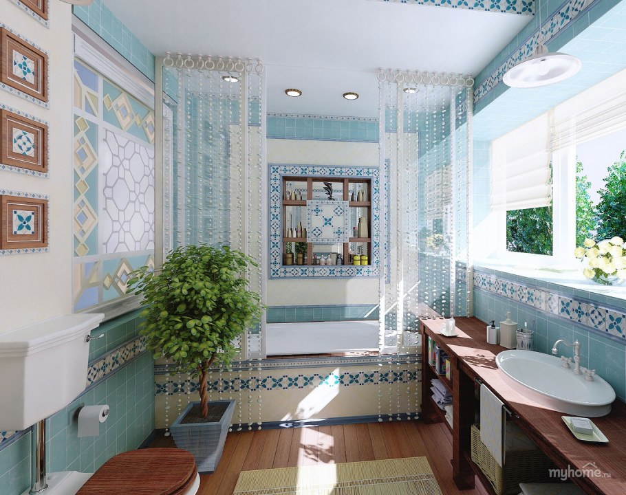 Средиземноморский современный интерьер в маленькой ванной
