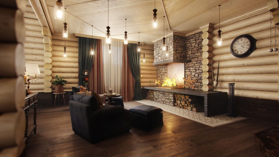Камин в гостиной в доме из бревна