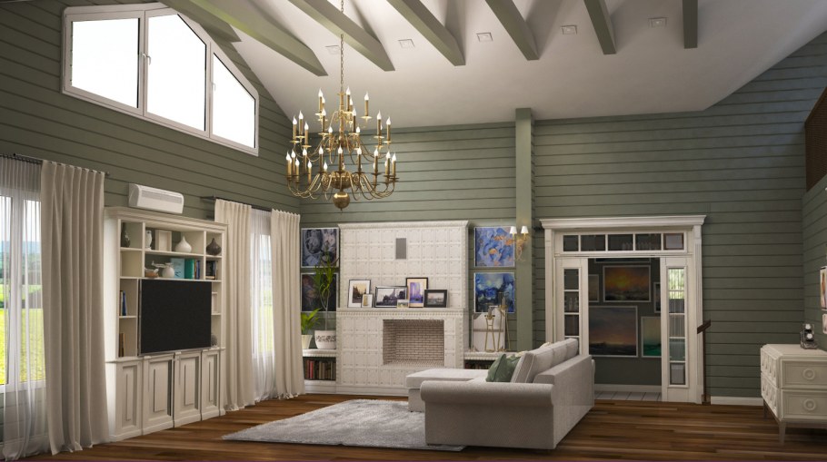 Серая гостиная в доме из клееного бруса