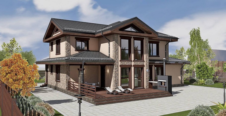 Двухэтажный дом с гаражом и террасой