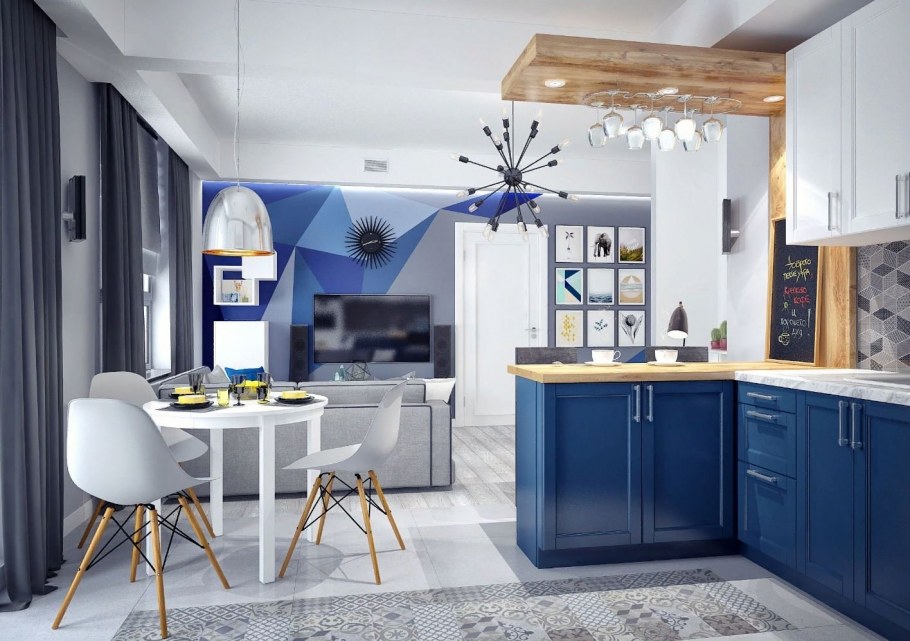 Кухни островок синя