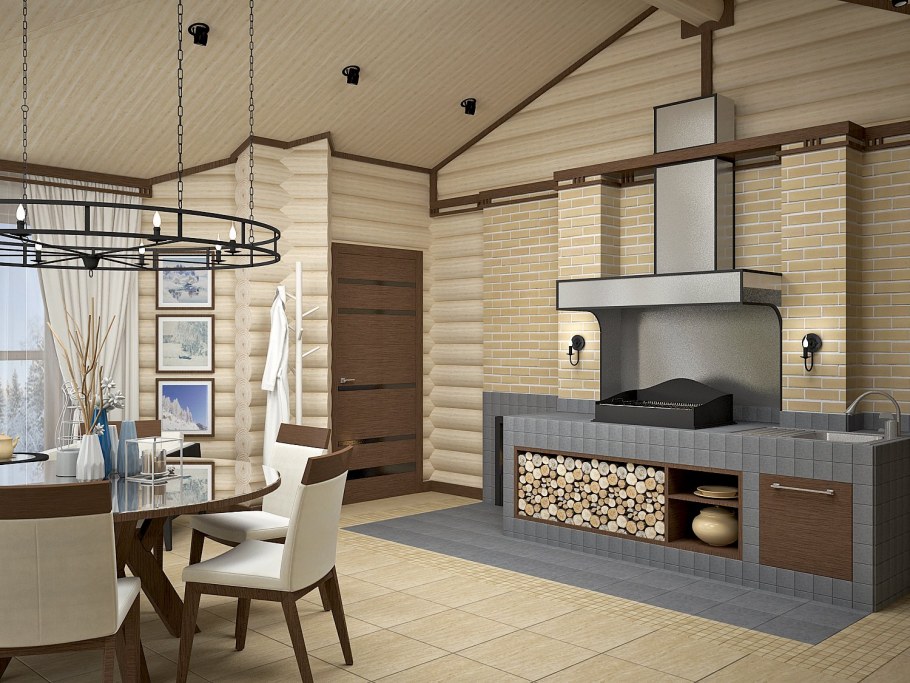 Кухня гостиная с зоной барбекю