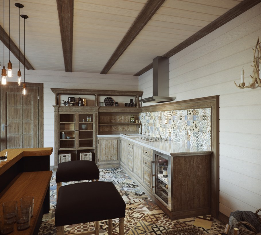 Кухня гостиная с зоной барбекю