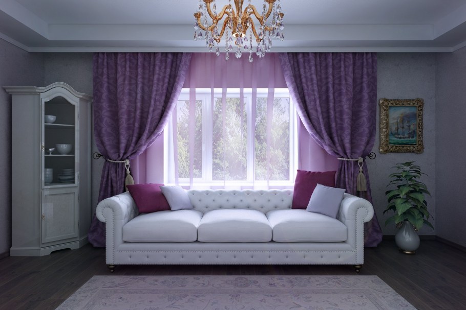 Фиолетовый диван в интерьере