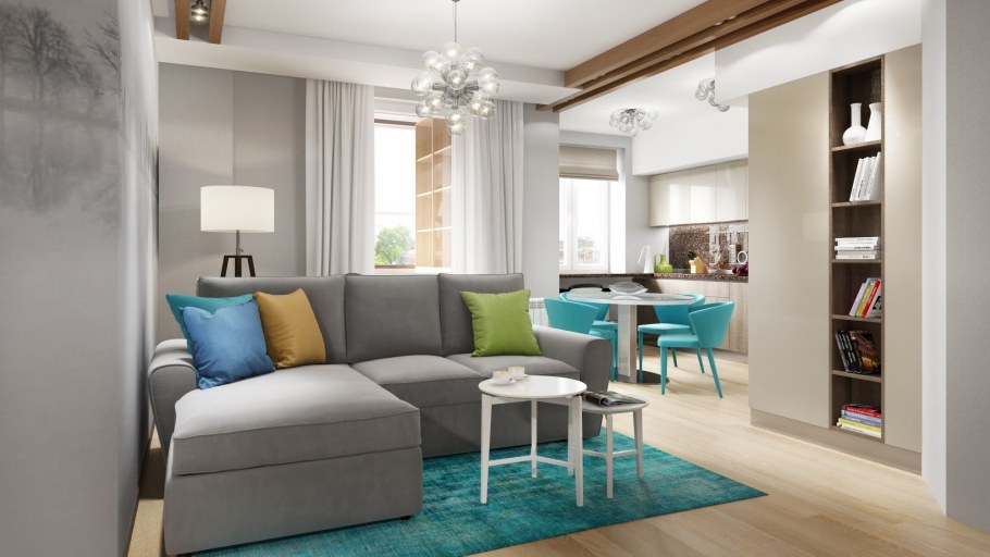 Интерьер в бежевом цвете с яркими акцентами