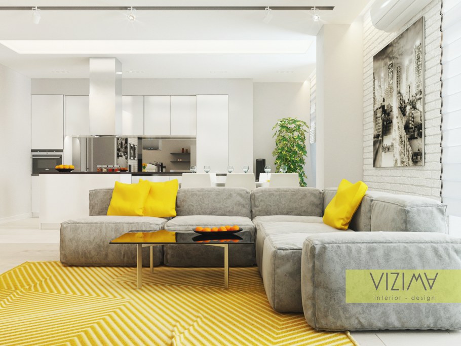 Светлая гостиная с горчичными акцентами
