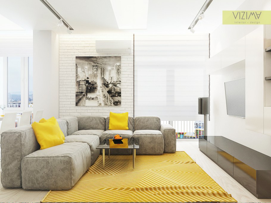 Маленькая гостиная в светлых тонах с желтыми акцентами