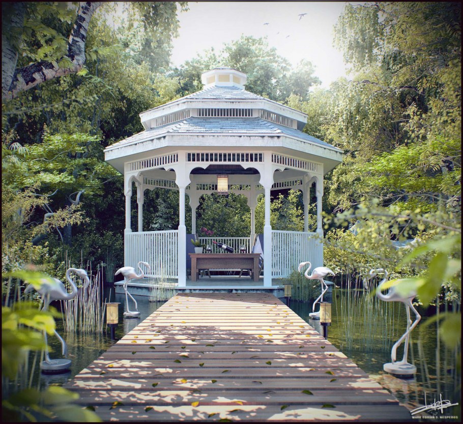 Красивый сад пруд беседка пергола