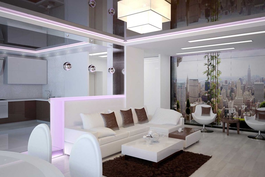 Кухня совмещенная с гостиной в белом стиле