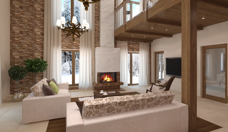 Камин в гостиной со вторым светом