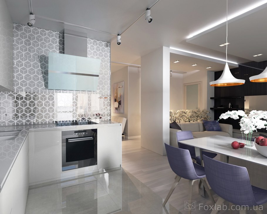 Проект белой кухни гостиной