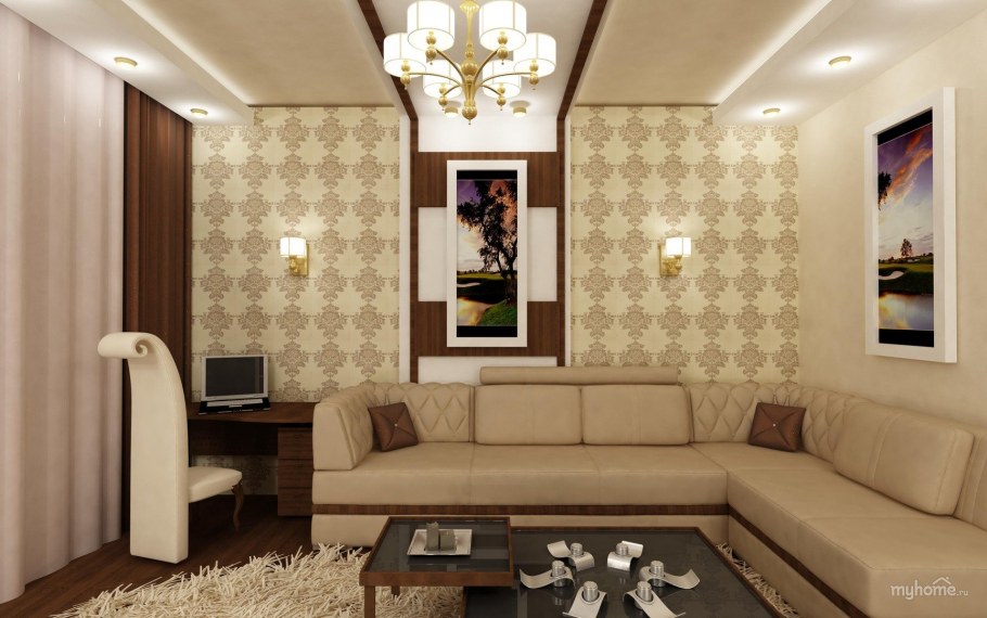 Угловой диван в интерьере гостиной 16 кв.м