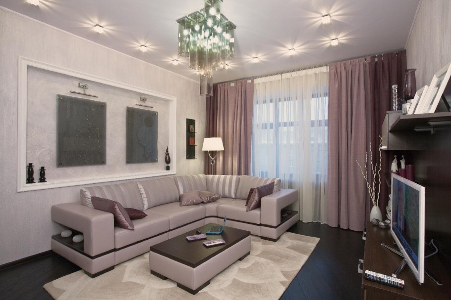 Планировка зала с угловым диваном в частном доме