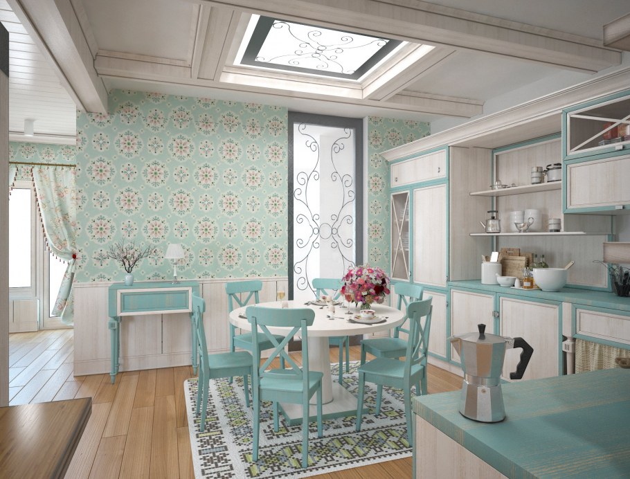 Кухня в стиле Прованс в малогабаритной кухне мятного цвета
