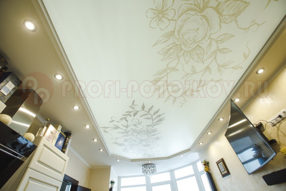Белый матовый натяжной потолок с софитами