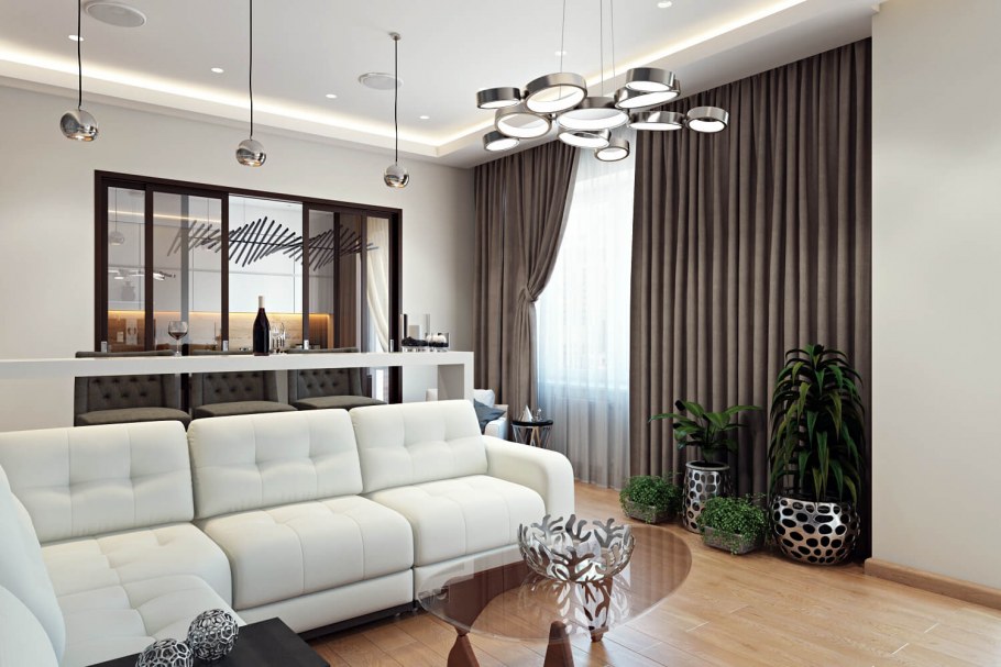 Шторы в эркере для гостиной в современном стиле