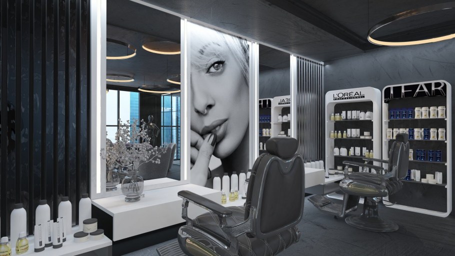 Интерьер салона красоты в бело серых тонах
