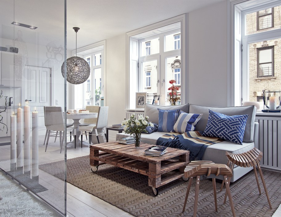 Гостиная с кроватью в скандинавском стиле