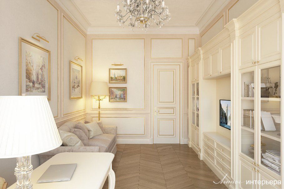 Классический интерьер с росписью в светлых оттенках