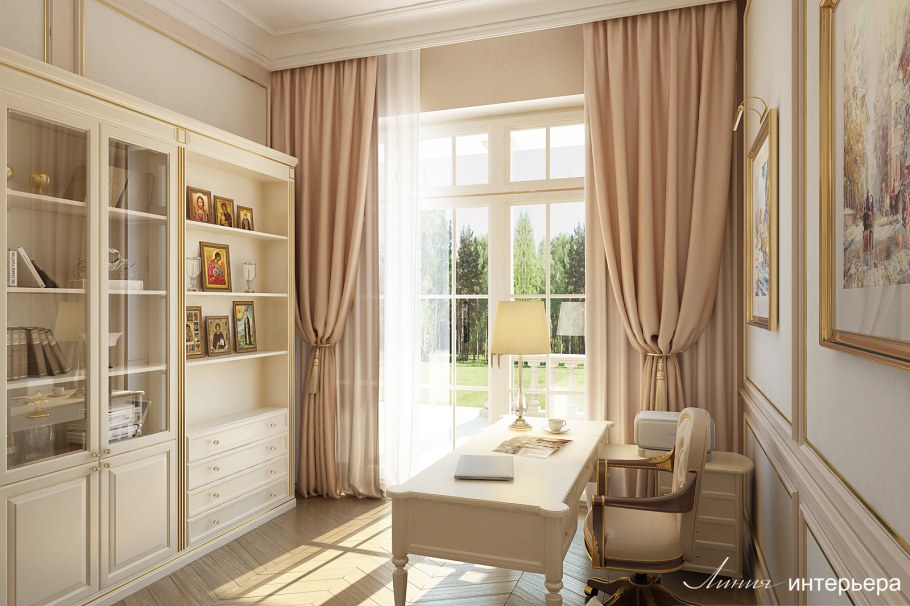 Панорамные окна в кабинете в классическом стиле