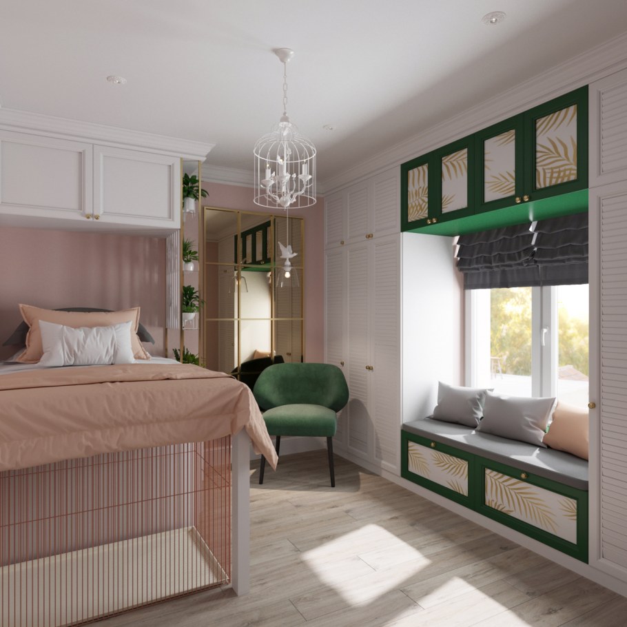 Подростковая комната в зеленых пастельных тонах