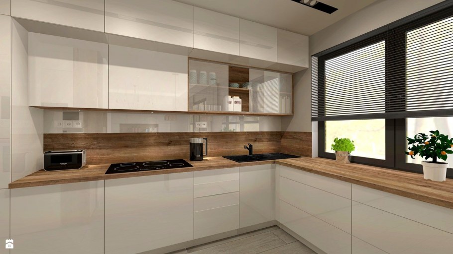 Белая угловая кухня без ручек