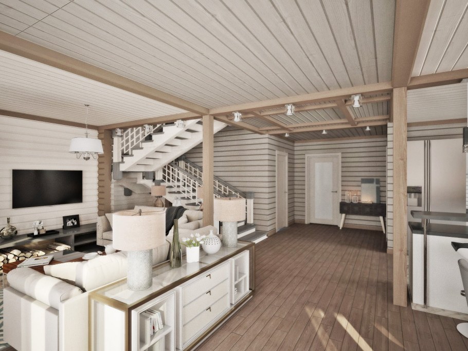 Кухня гостиная в доме из профилированного бруса