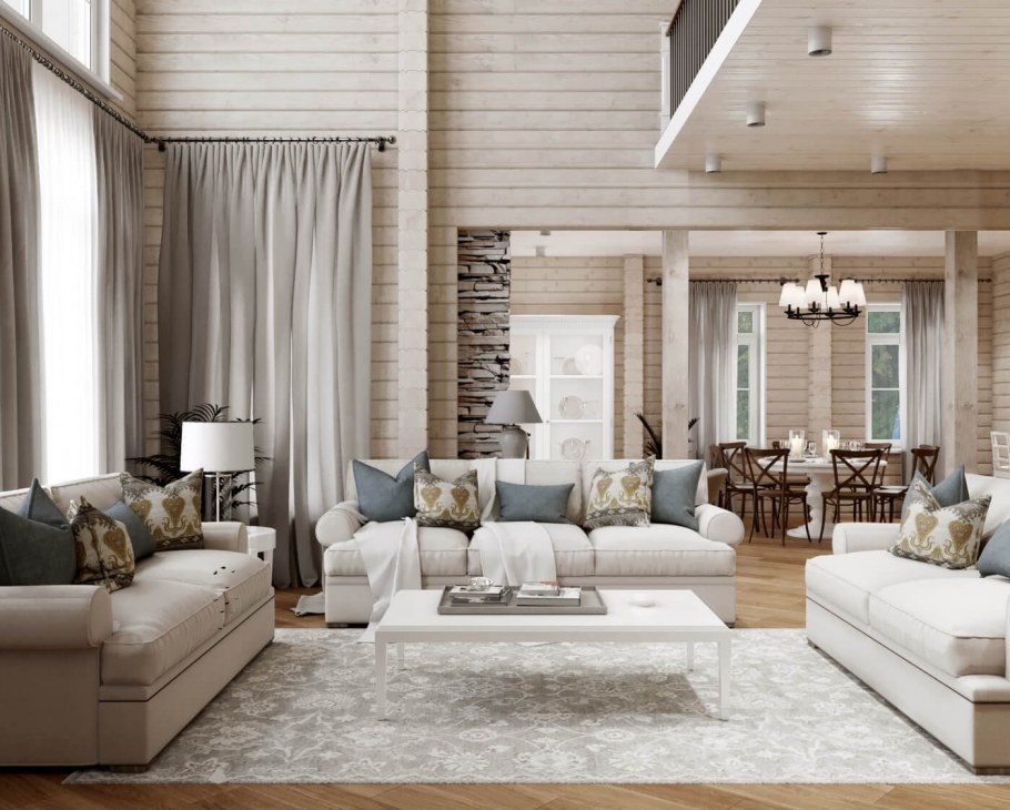 Светлая гостиная в деревянном доме